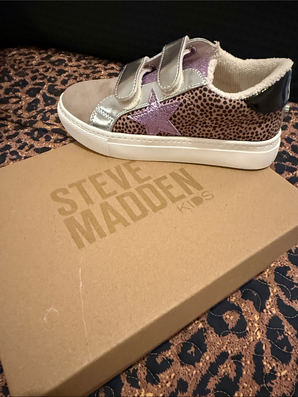 Steve Madden Kids Leopard Sneaker with Purple Star and Silver Straps